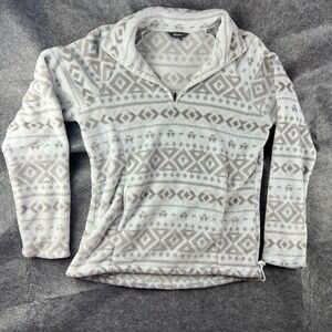 Eddie Bauer white tan plush boho aztec print pullover quarter zip jacket Sz L